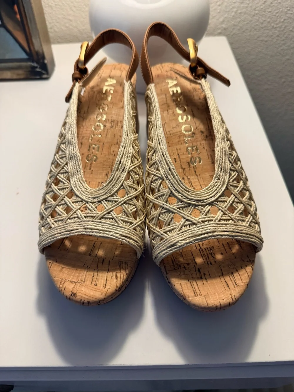 AEROSOLES Cornelia Raffia Natural Woven Platform Sandals with Tan Strap